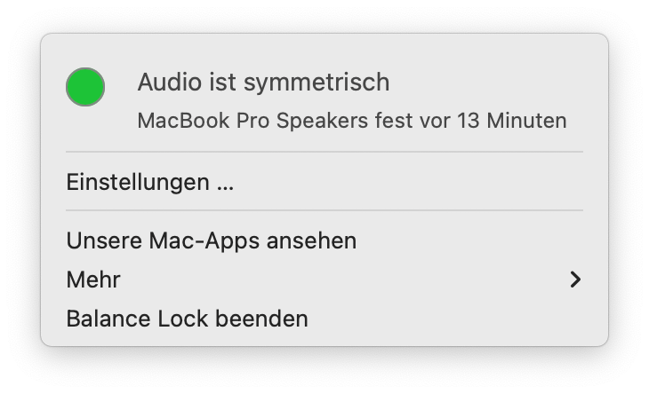 Screenshot of the drop down menu in Balance Lock in German, showing that the audio balance was recently fixed.