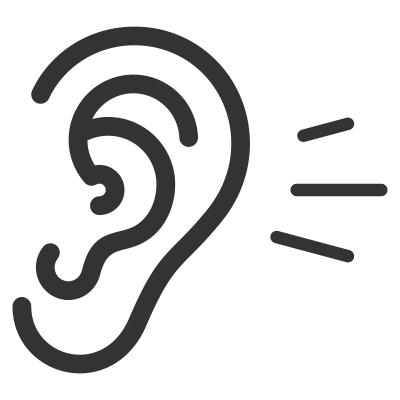 Icon of an ear with lines next to it, representing sounds.