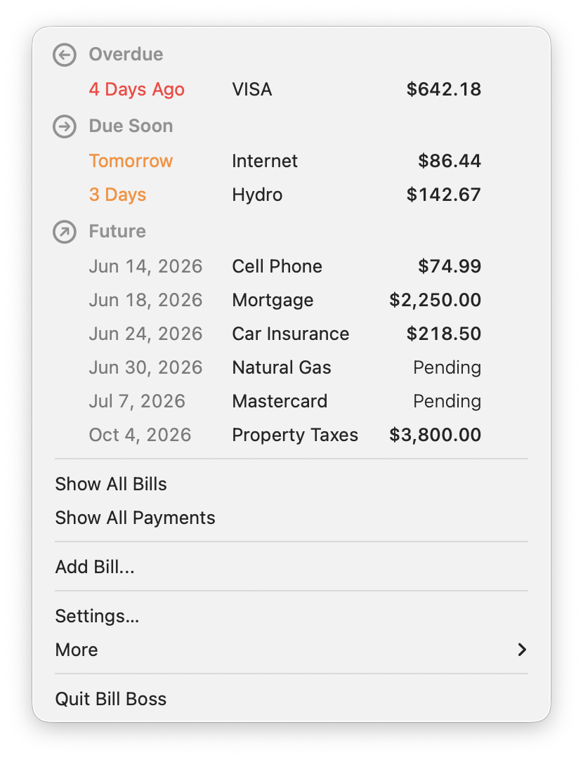 Bill Boss menu bar drop-down showing overdue, due soon, and future bills