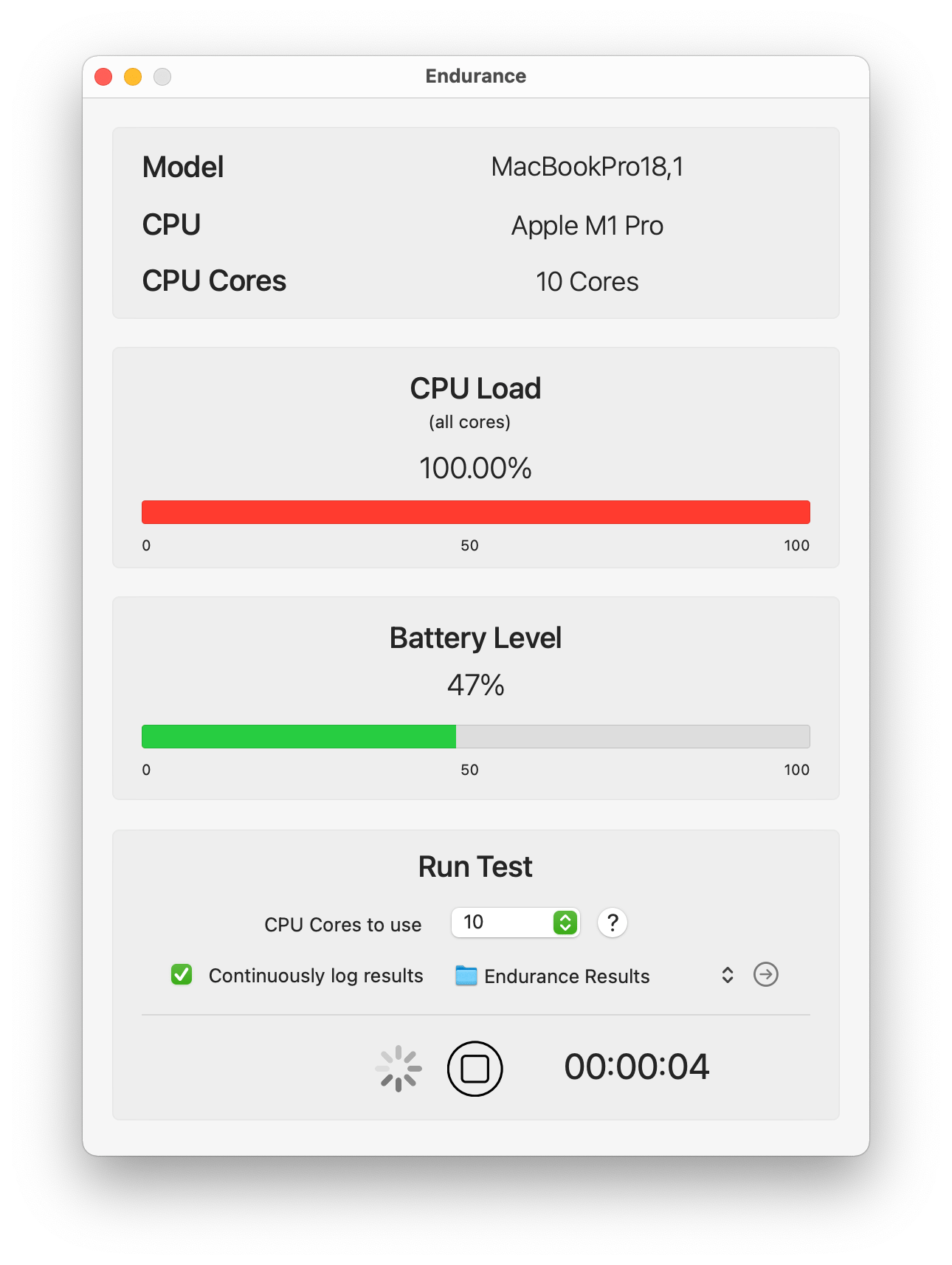 Screenshot of Endurance during an active stress test on an Apple Silicon based Mac, displaying 100% CPU usage.