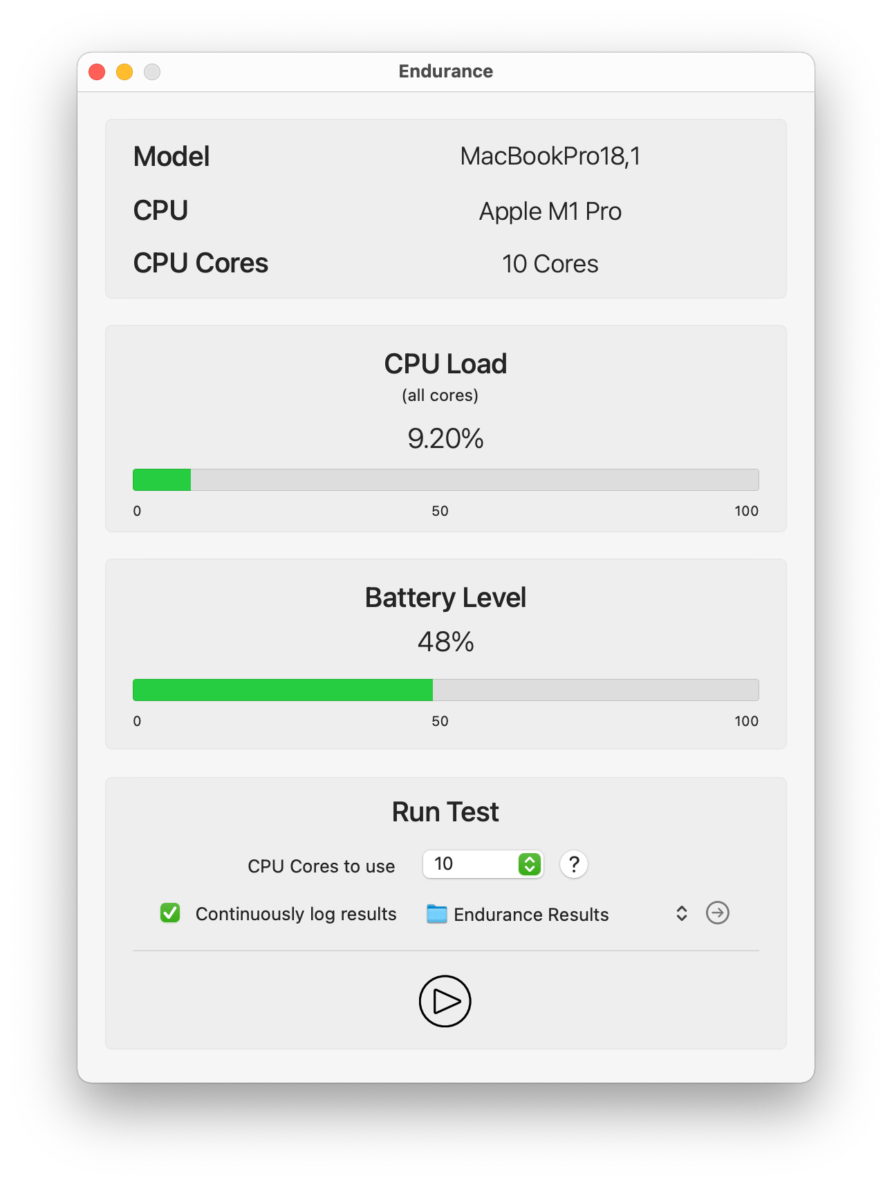 Screenshot of Endurance idle on an Apple Silicon Mac, showing the default interface ready for CPU stress testing.