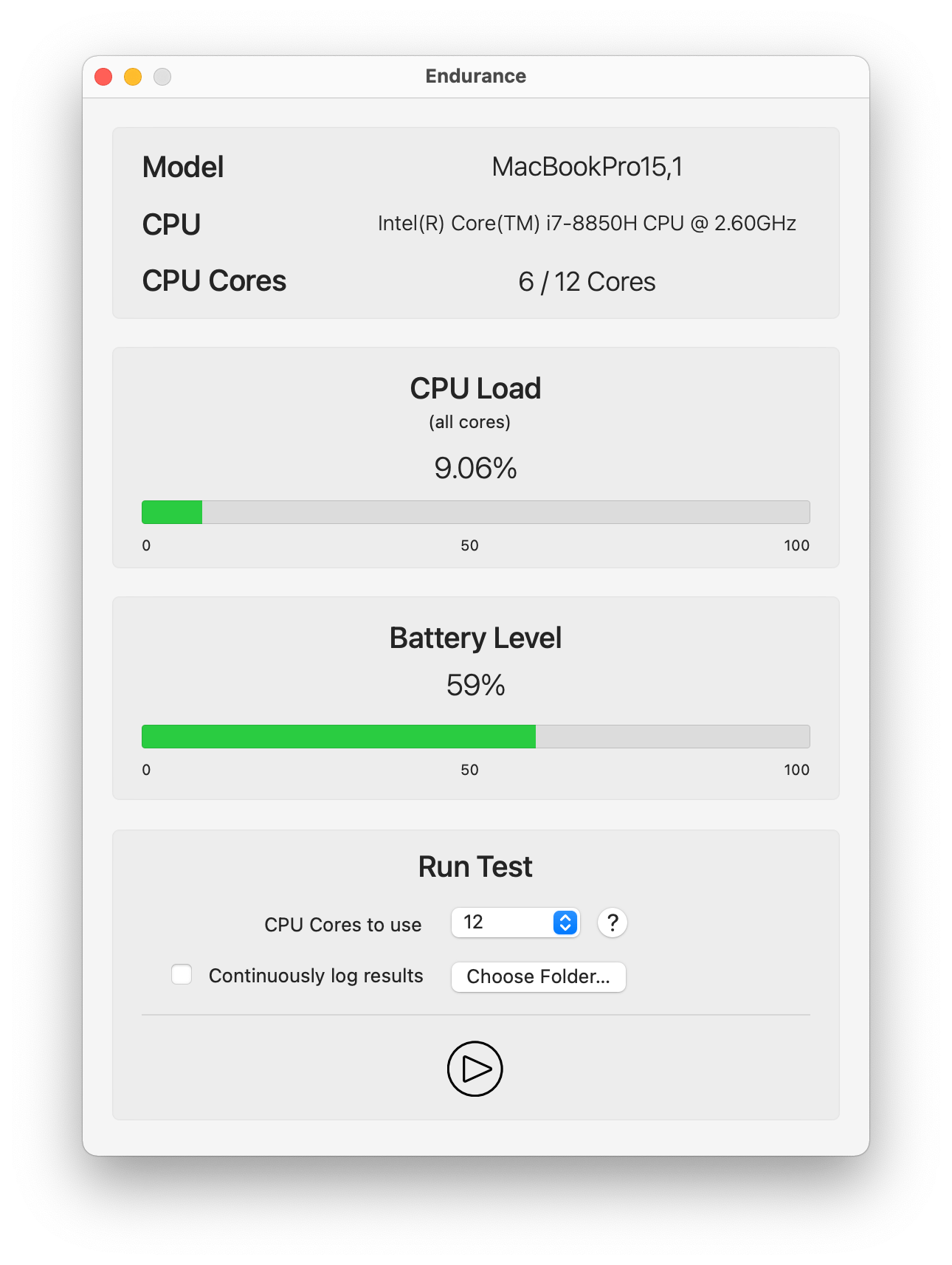 Screenshot of Endurance running on an Intel-based Mac, displaying real-time CPU performance metrics and stress test options.