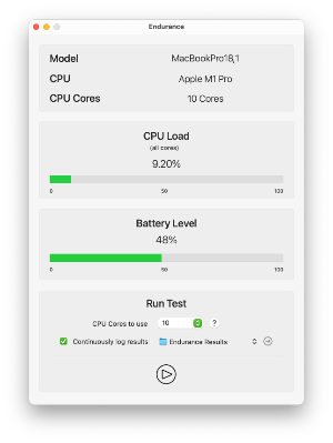 Screenshot of Endurance idle on an Apple Silicon Mac, showing the default interface ready for CPU stress testing.