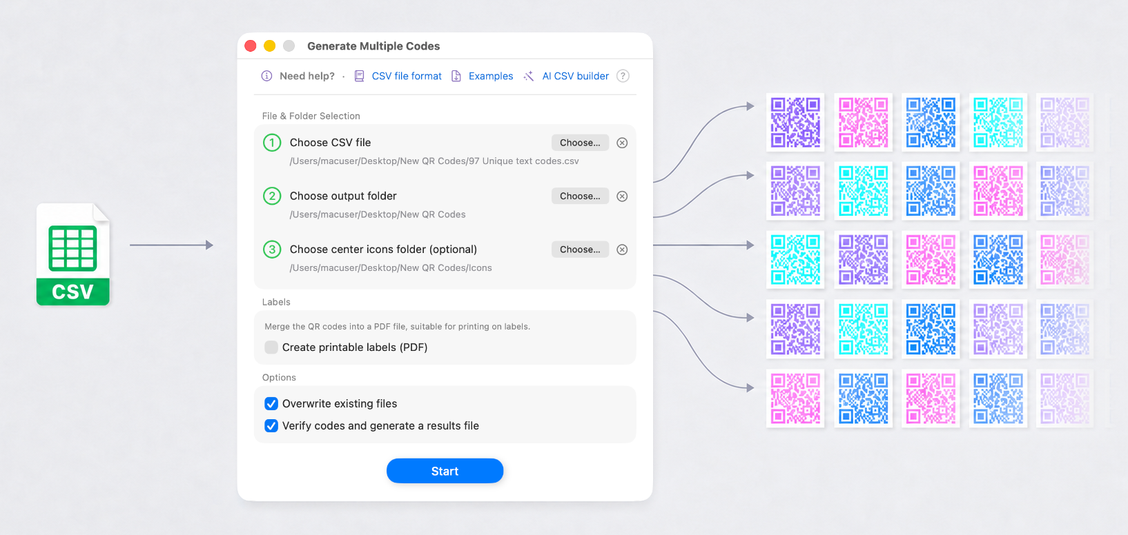 A CSV file flowing into QR Factory 3's batch generation interface and a large grid of finished QR codes