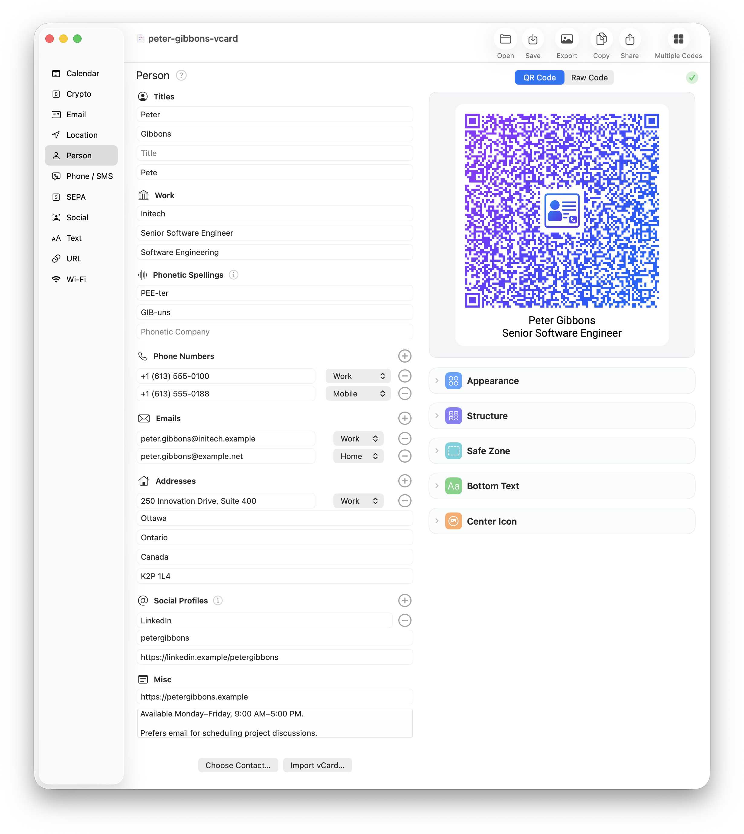 QR Factory 3 Person QR code editor showing detailed vCard contact fields and the finished QR code