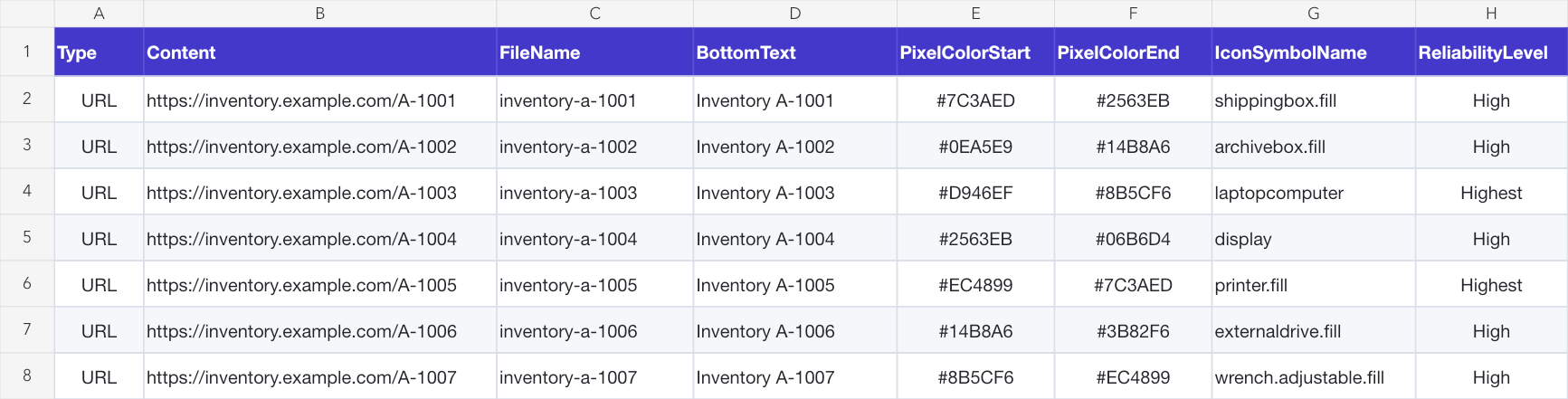 Spreadsheet with QR Factory CSV columns for content, filenames, bottom text, pixel colors, icons, and reliability levels