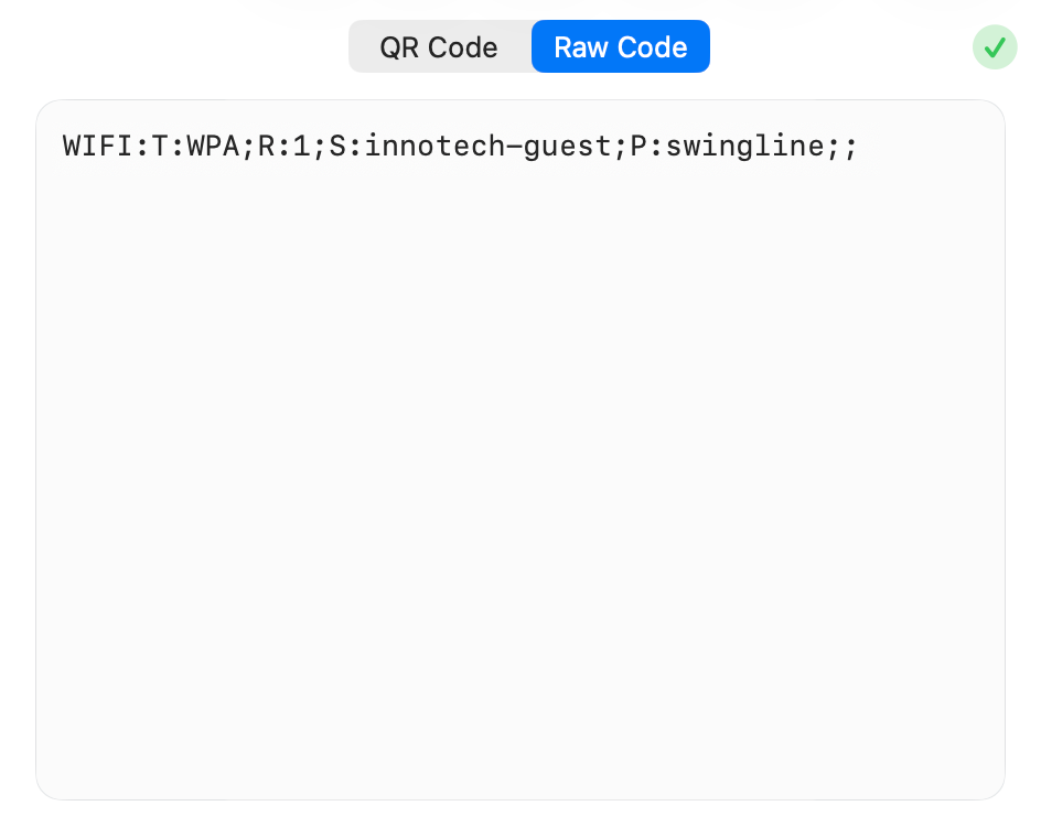 QR Factory 3 Raw Code view showing the exact Wi-Fi content encoded into the QR code