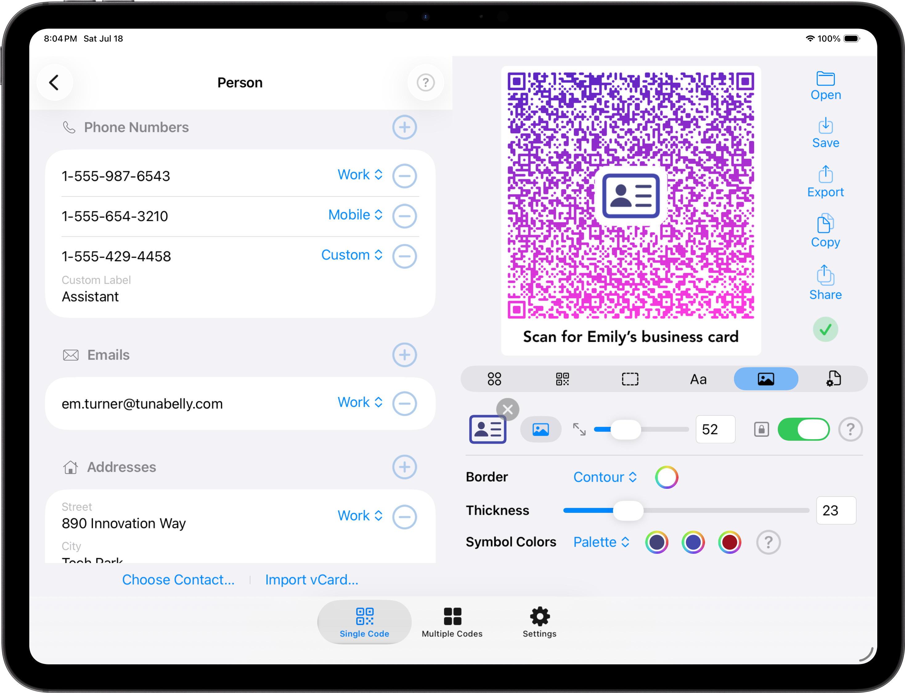 QR Factory 3 on iPad showing the same Person QR code workspace