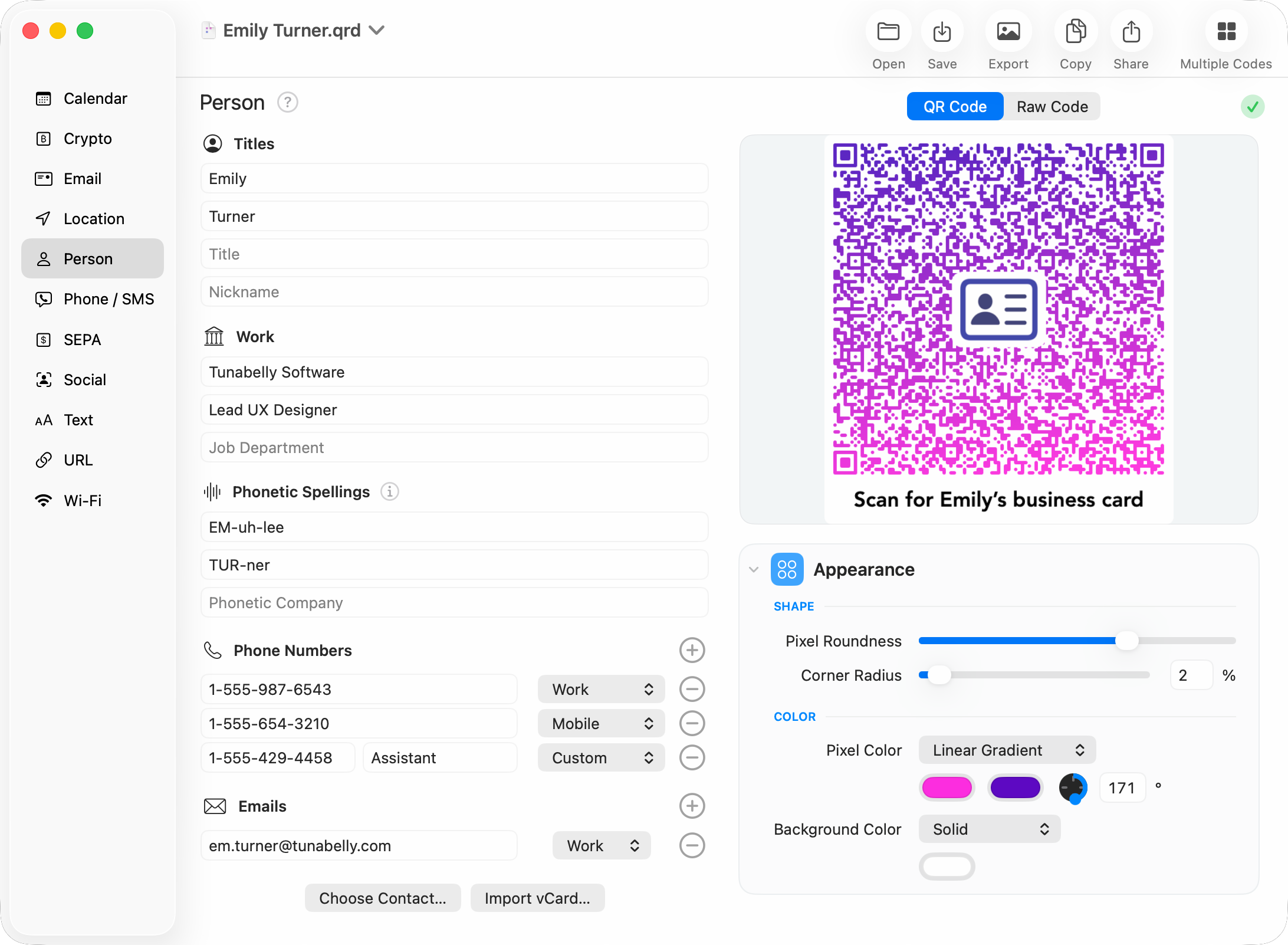 QR Factory 3 on Mac showing a Person QR code workspace with contact fields, a finished QR code, and appearance controls