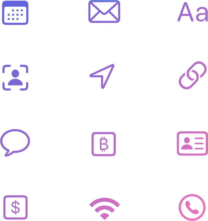 Graphic displaying 12 distinct icons, each symbolizing a unique built-in QR code type in QR Factory 3, illustrating the diverse range of QR code creation options available.