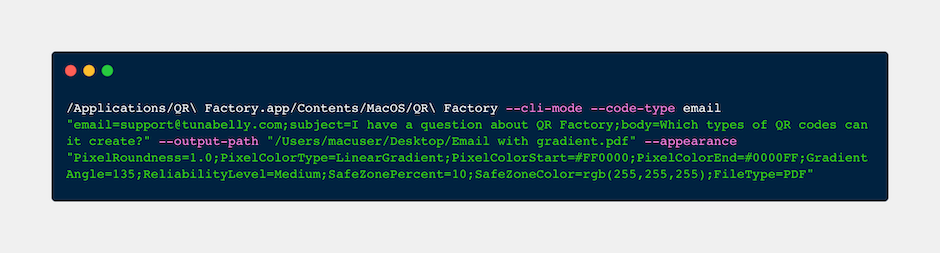 Screenshot illustrating command-line usage for generating a custom QR code with QR Factory.