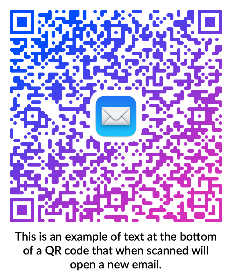 Colorful QR code with text at the bottom explaining that scanning it will open a new email.