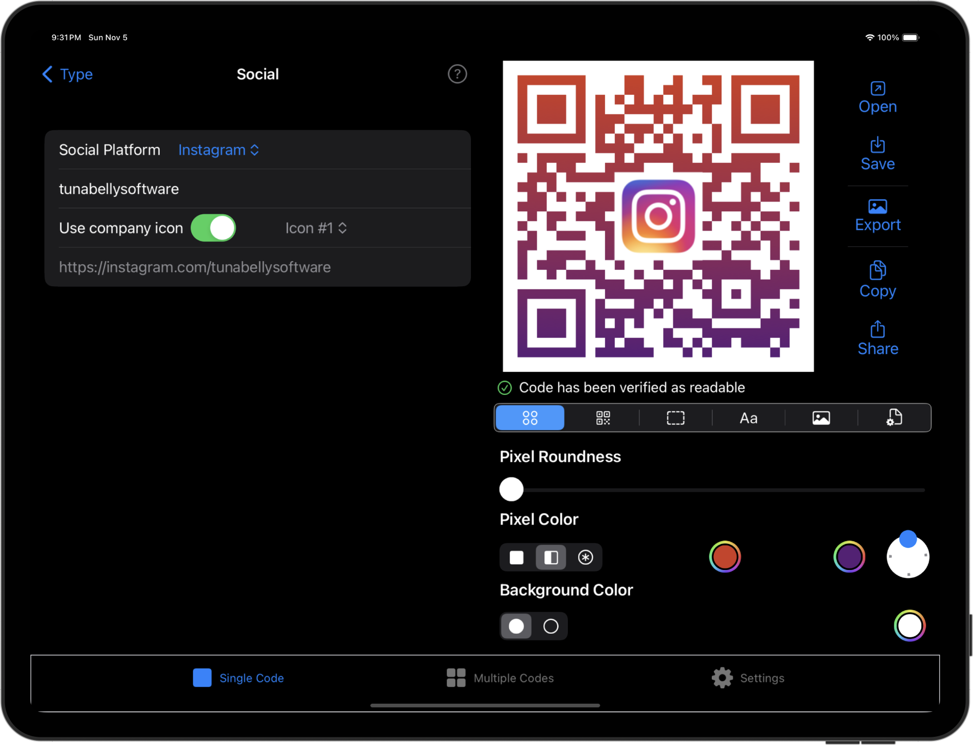 Screenshot of QR Factory on iPadOS in dark mode, showcasing the user interface for creating a customized social media QR code.