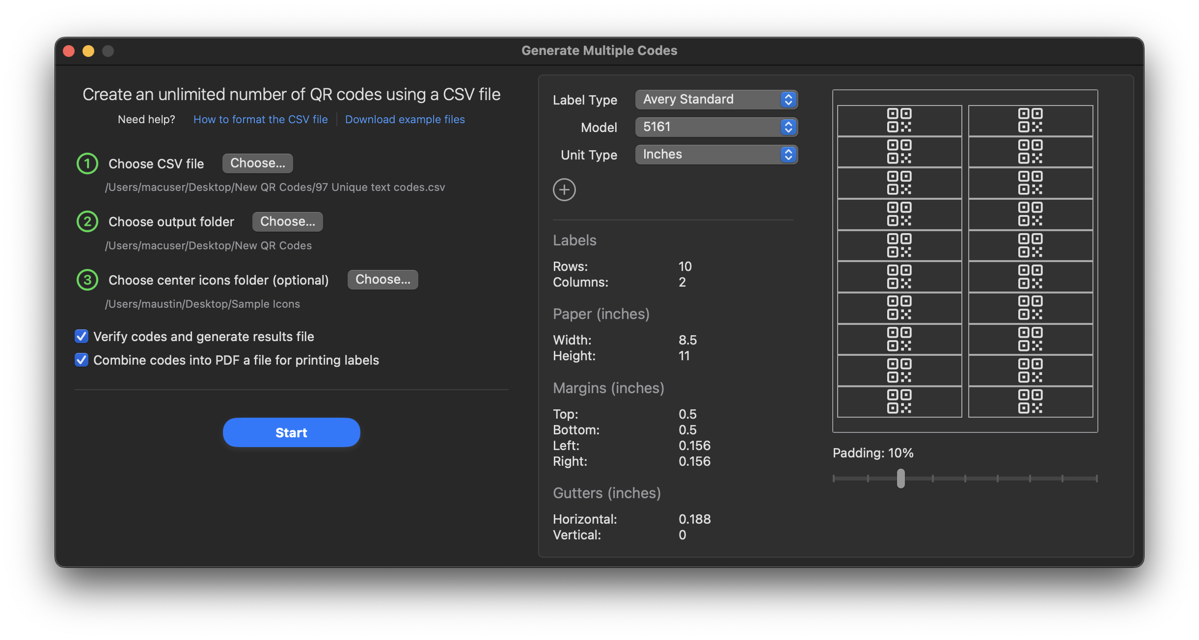 Screenshot of QR Factory on macOS in dark mode, showing the interface for generating multiple QR codes from a CSV file. It displays settings for input files, output preferences, label configurations, and a preview of the printable QR code labels layout.