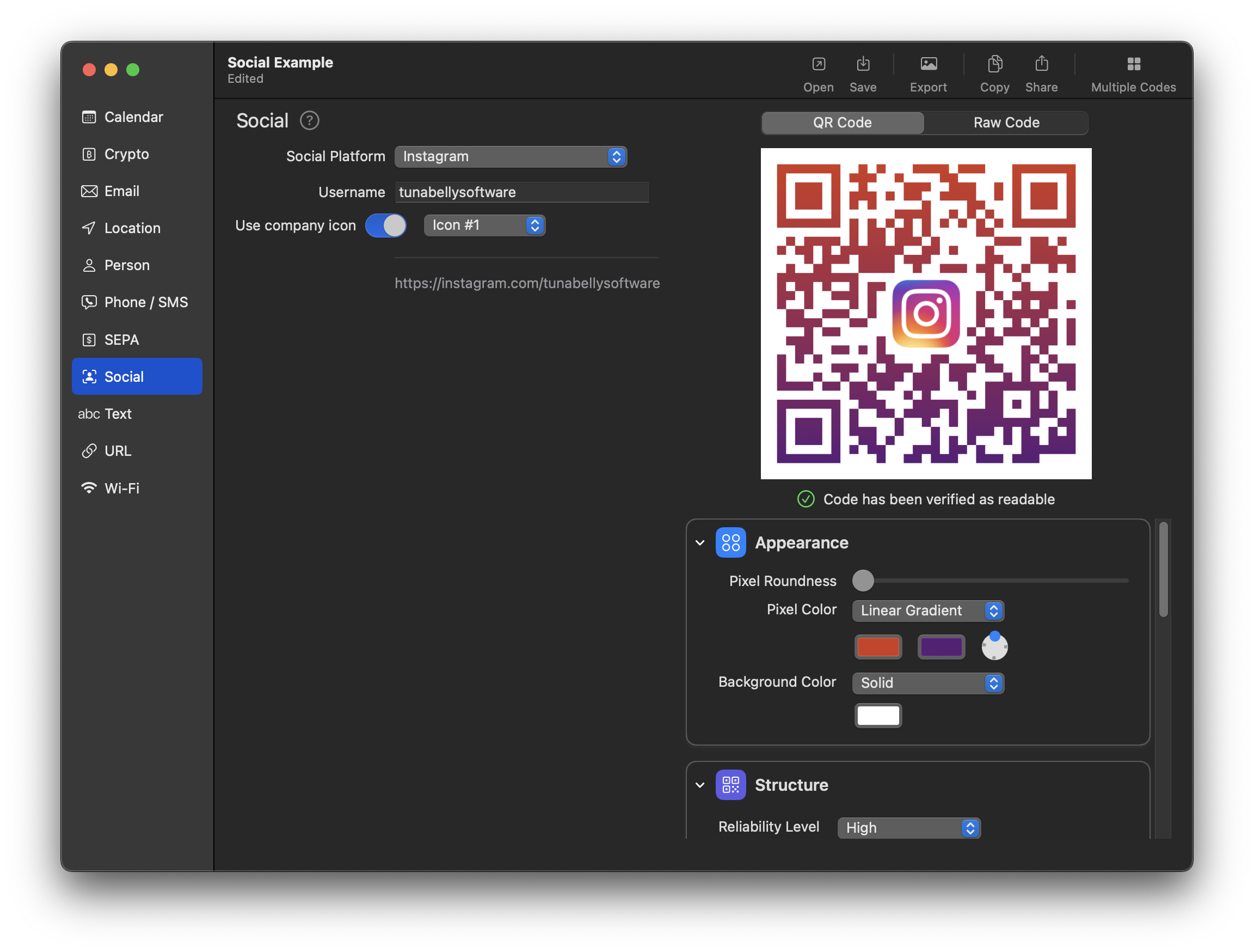 Screenshot of QR Factory on macOS in dark mode, showcasing the user interface for creating a customized social media QR code.