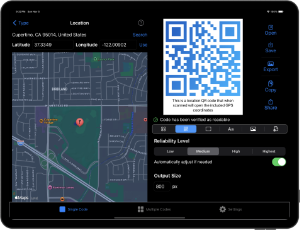 Screenshot of QR Factory on iPadOS in dark mode, showcasing the user interface for creating a customized location (GPS coordinates) QR code.