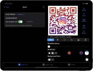 Screenshot of QR Factory on iPadOS in dark mode, showcasing the user interface for creating a customized social media QR code.
