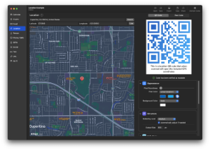 Screenshot of QR Factory on macOS in dark mode, showcasing the user interface for creating a customized location (GPS coordinates) QR code.