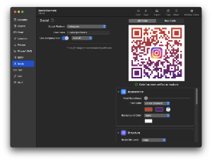 Screenshot of QR Factory on macOS in dark mode, showcasing the user interface for creating a customized social media QR code.