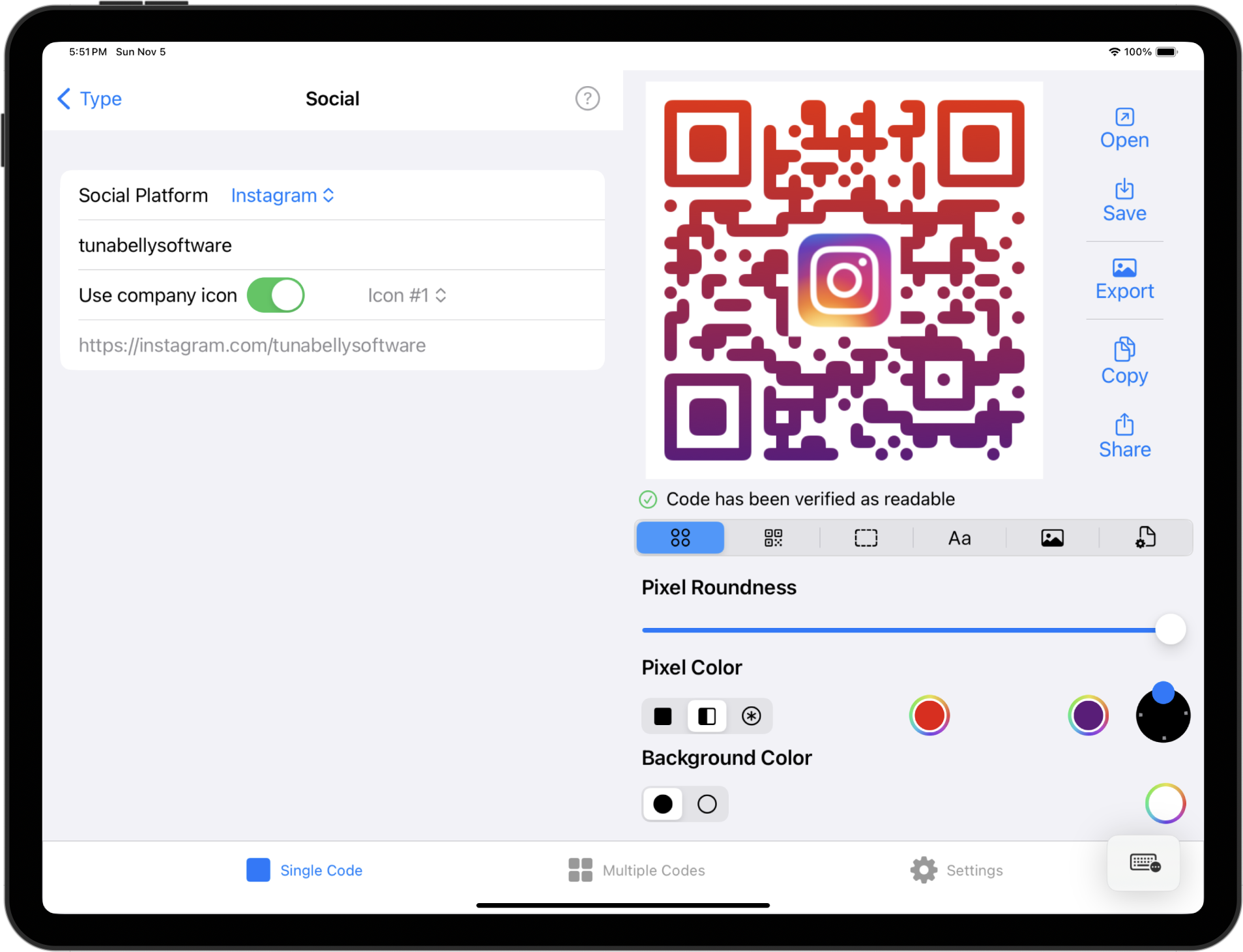 Screenshot of QR Factory on iPadOS, showcasing the user interface for creating a customized social media QR code.