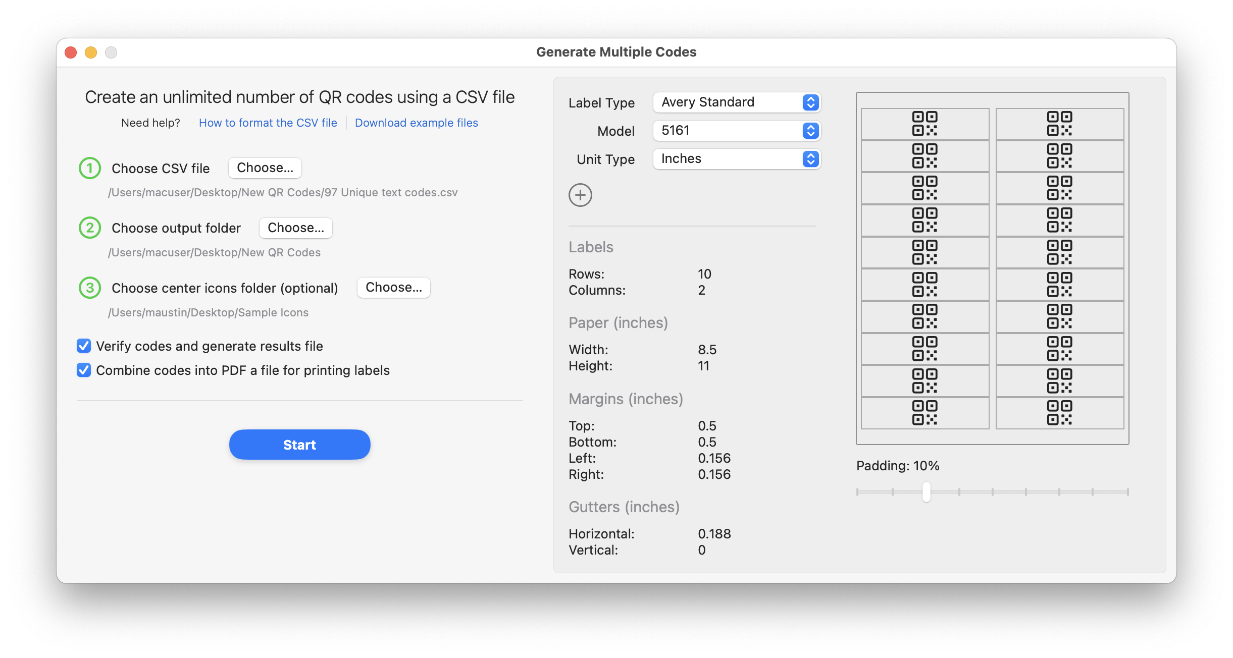 Screenshot of QR Factory on macOS, showing the interface for generating multiple QR codes from a CSV file. It displays settings for input files, output preferences, label configurations, and a preview of the printable QR code labels layout.