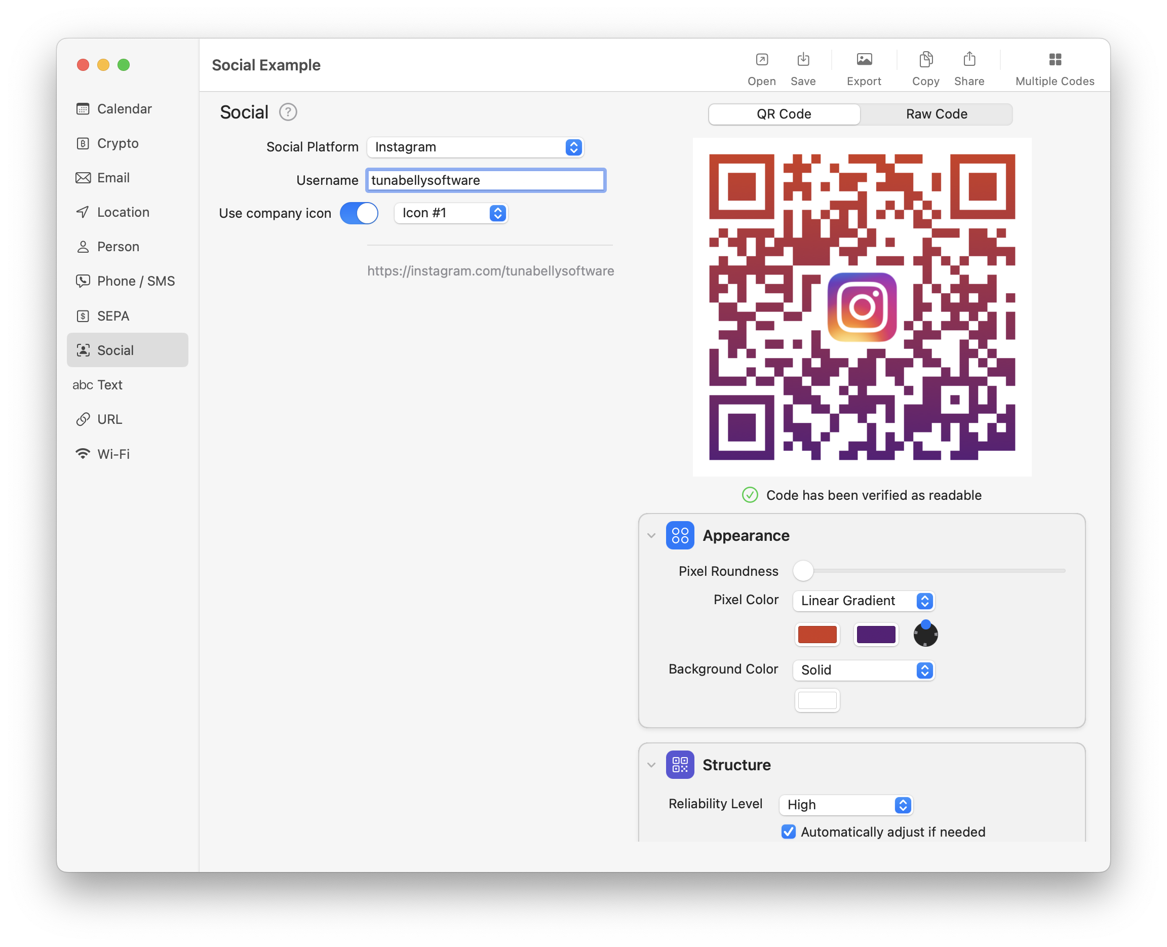 Screenshot of QR Factory on macOS, showcasing the user interface for creating a customized social media QR code.