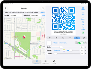 Screenshot of QR Factory on iPadOS, showcasing the user interface for creating a customized location (GPS coordinates) QR code.
