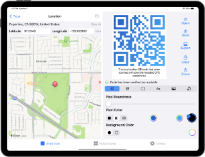 Screenshot of QR Factory on iPadOS, showcasing the user interface for creating a customized location (GPS coordinates) QR code.