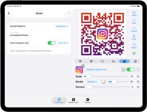 Screenshot of QR Factory on iPadOS, showcasing the user interface for creating a customized social media QR code.