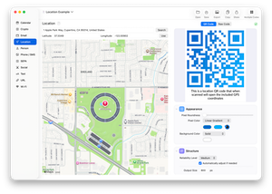 Screenshot of QR Factory on macOS, showcasing the user interface for creating a customized location (GPS coordinates) QR code.
