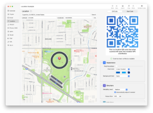 Screenshot of QR Factory on macOS, showcasing the user interface for creating a customized location (GPS coordinates) QR code.