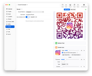Screenshot of QR Factory on macOS, showcasing the user interface for creating a customized social media QR code.