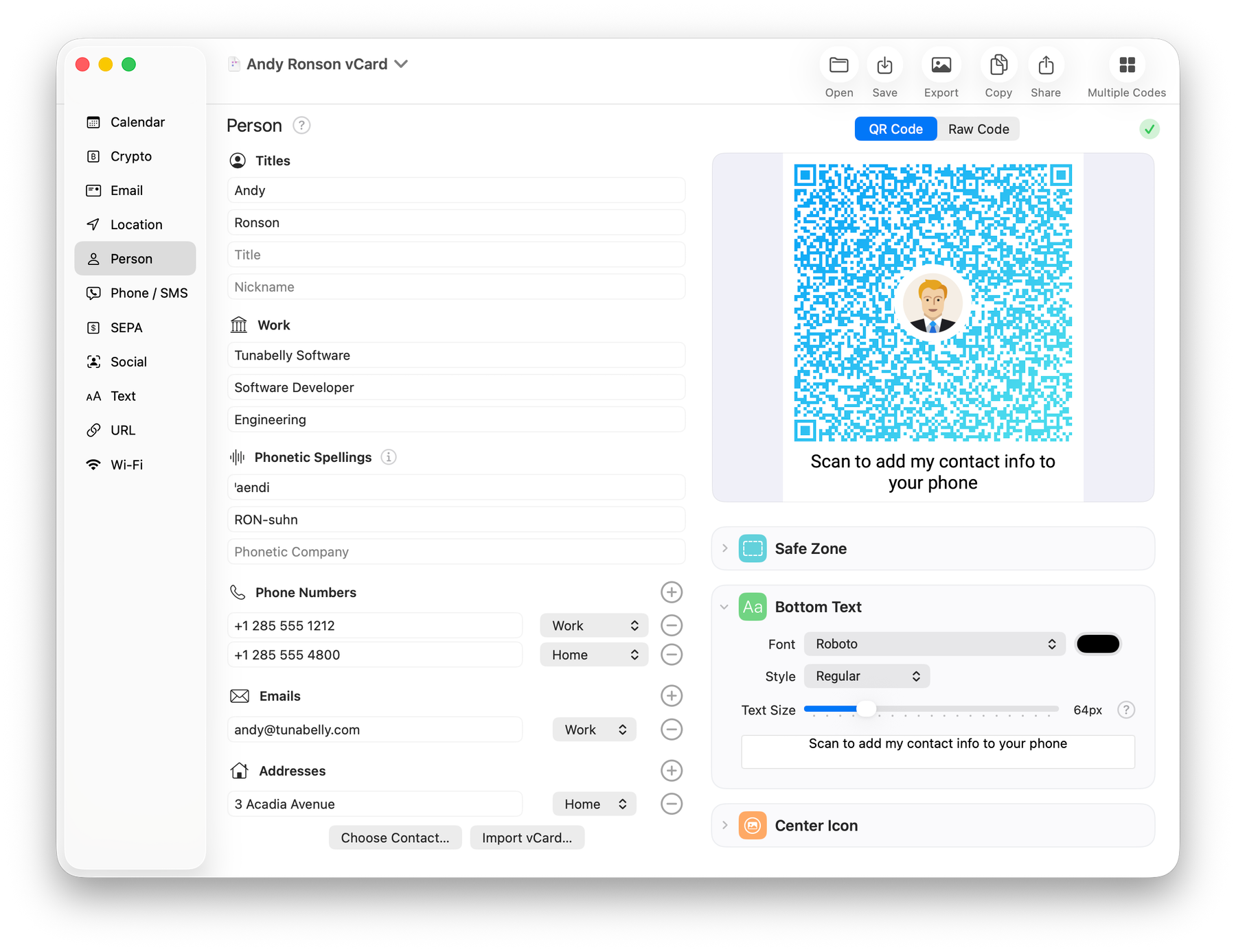Screenshot of QR Factory 3 showing the interface for making a person QR code.