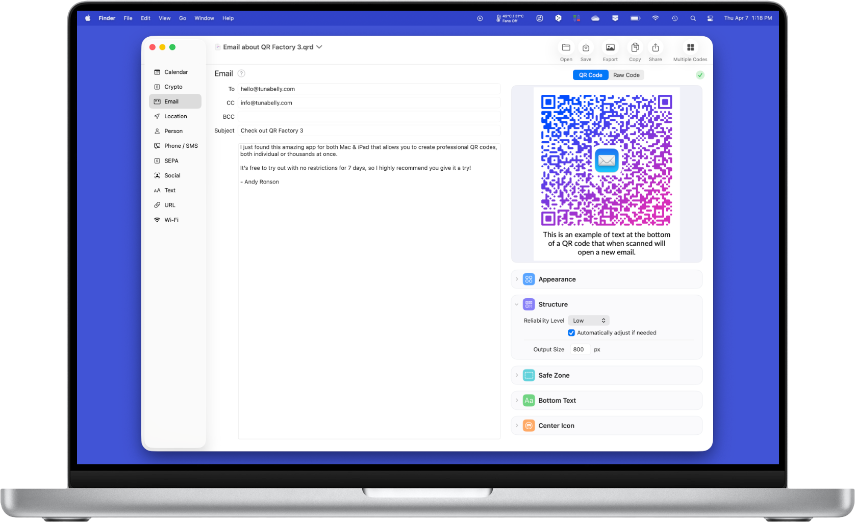 A screenshot showing QR Factory 3 running on a MacBook Pro.