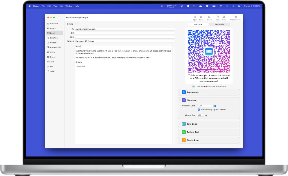 A screenshot showing QR Factory 3 running on a MacBook Pro.