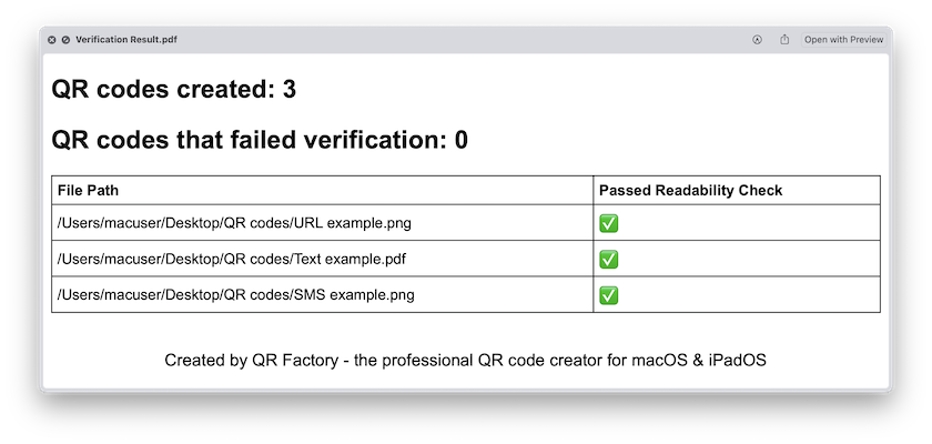 PDF file with the results of the built-in feature that verifies the readibility of each generated QR code.