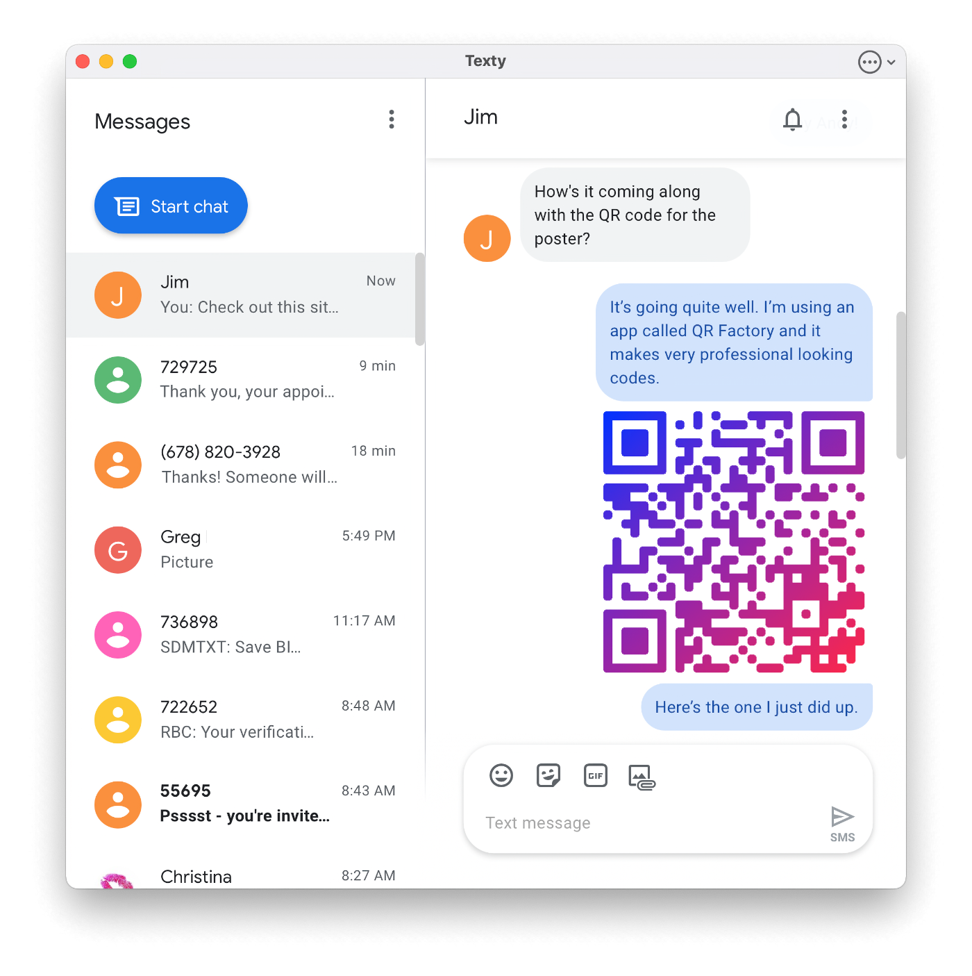 Screenshot of Texty app interfacing with Google Messages, displaying a user-friendly macOS interface with a conversation list on the left and a detailed view of a selected Google Messages conversation on the right, emphasizing seamless integration and efficient conversation management.