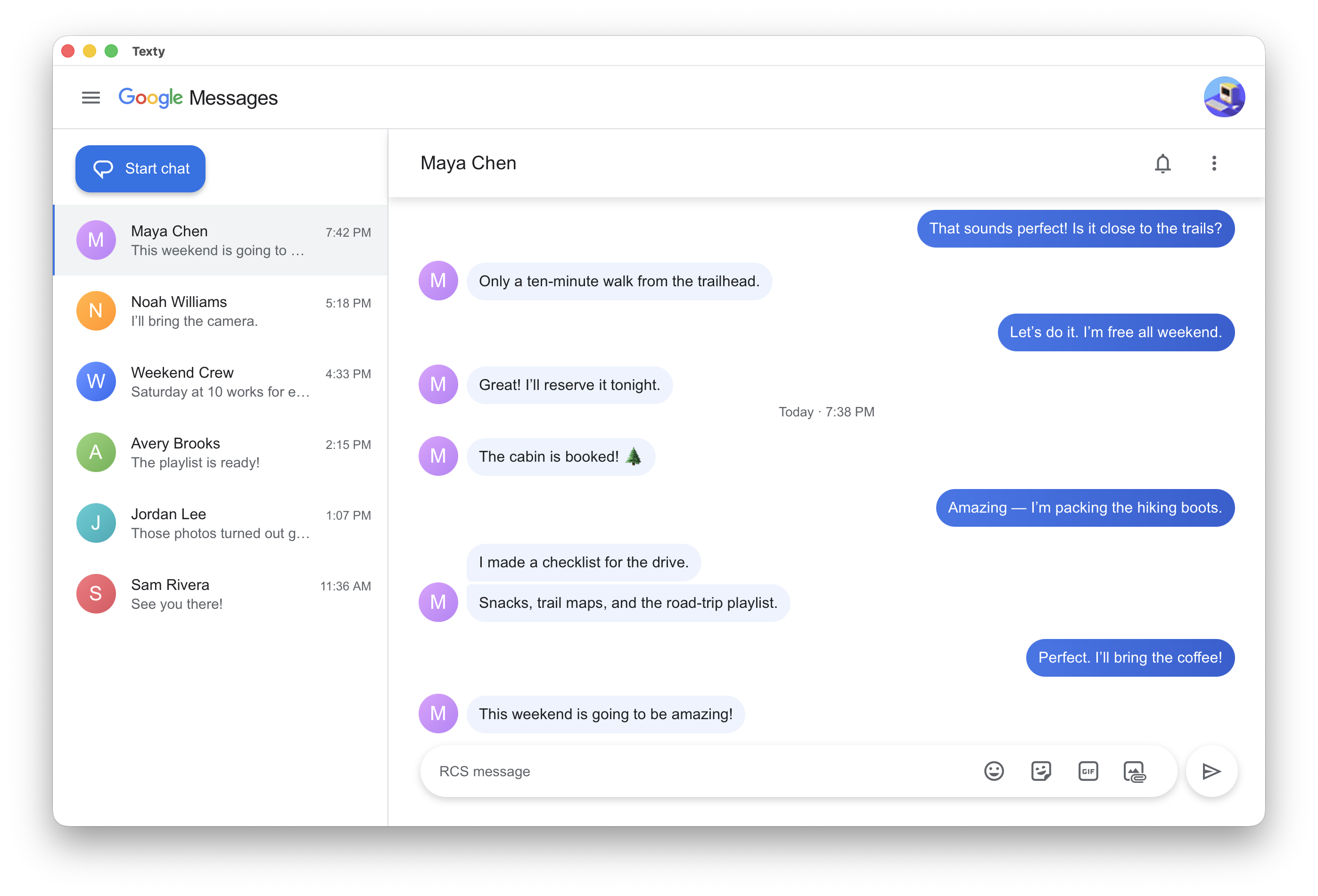 Texty on the Mac showing a fictional Google Messages conversation and conversation list