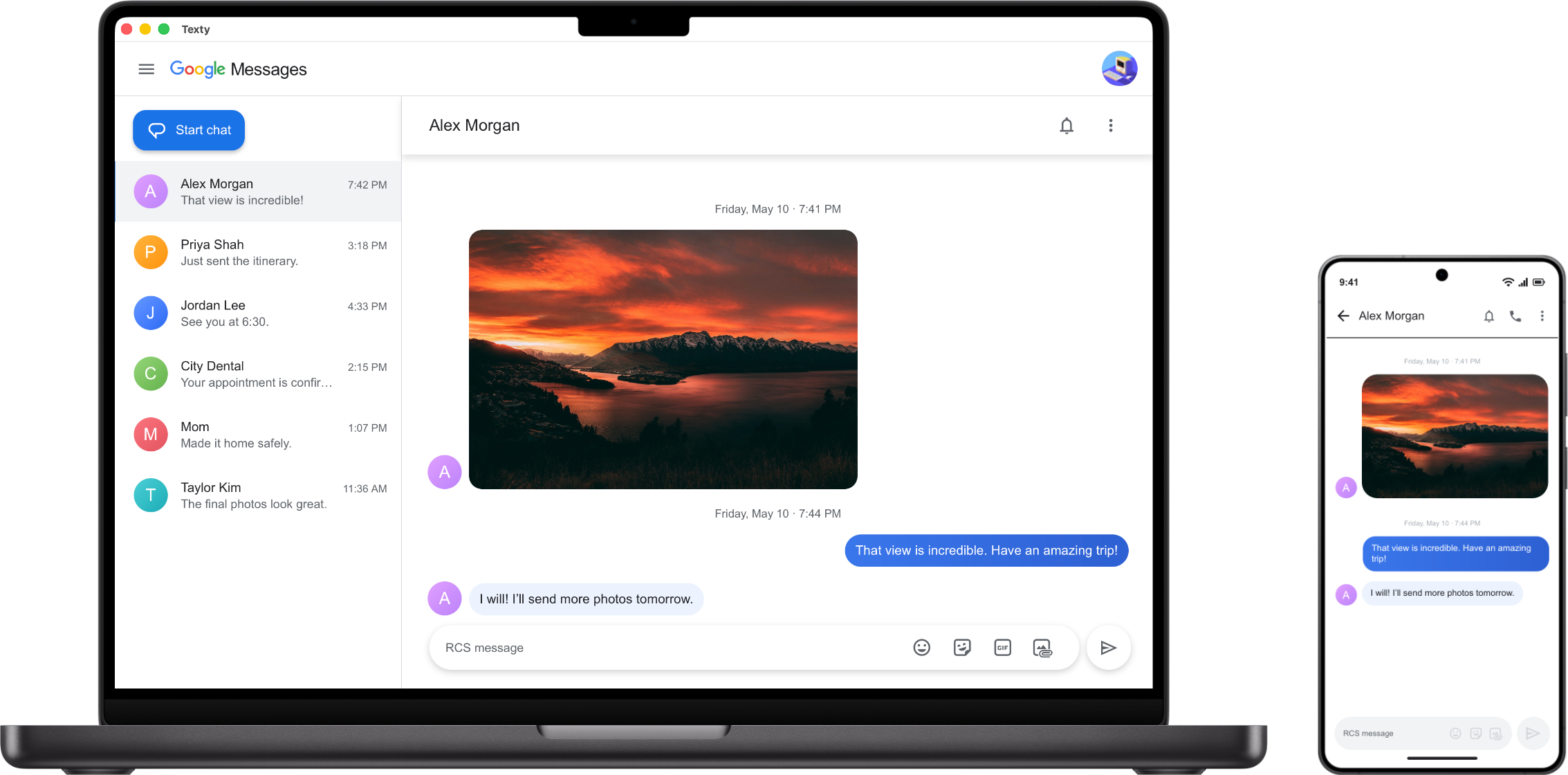 The same Google Messages conversation open in Texty on a Mac and on an Android phone
