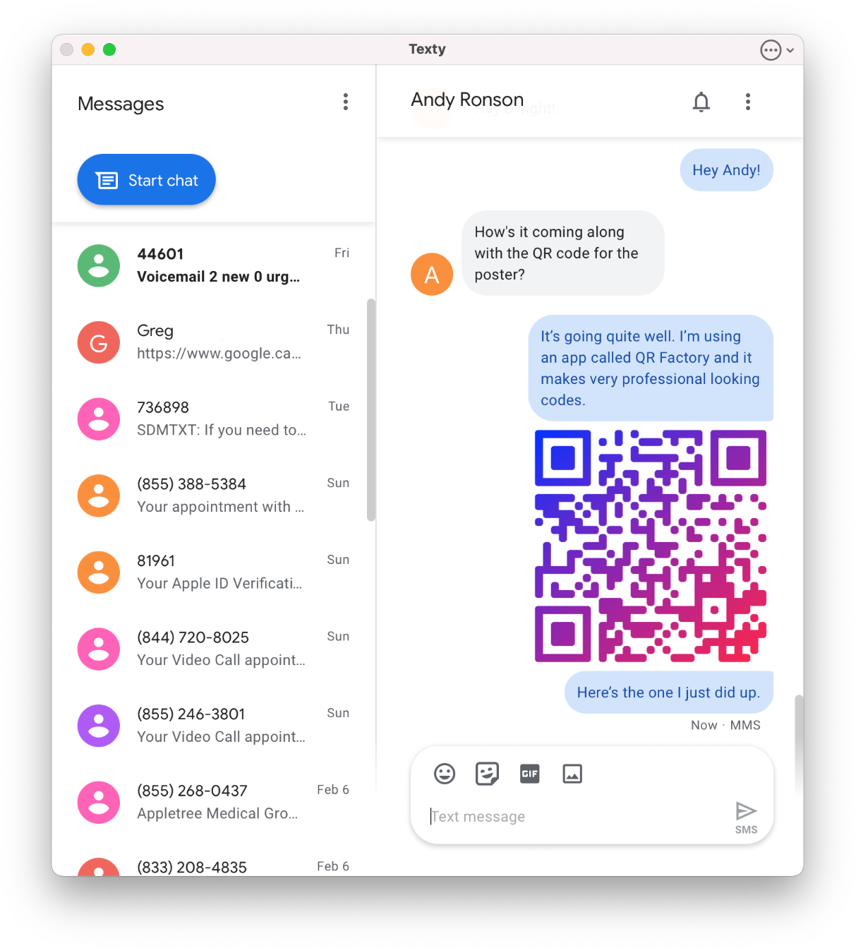 Screenshot of Texty app interfacing with Google Messages, displaying a user-friendly macOS interface with a conversation list on the left and a detailed view of a selected Google Messages conversation on the right, emphasizing seamless integration and efficient conversation management.