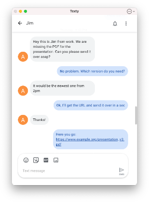 Screenshot of Texty app showcasing a detailed view of an individual conversation from Google Messages on a macOS interface, highlighting the app's clean design and focus on user-friendly conversation display.