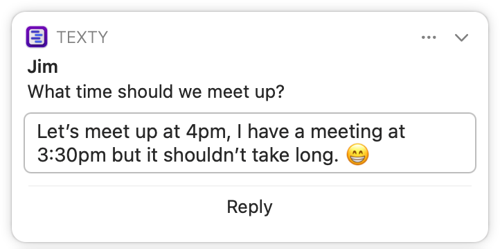 Notification from Texty app on macOS showcasing the advanced feature of composing and sending a reply directly within the notification interface, eliminating the need to open the main app for quick responses.