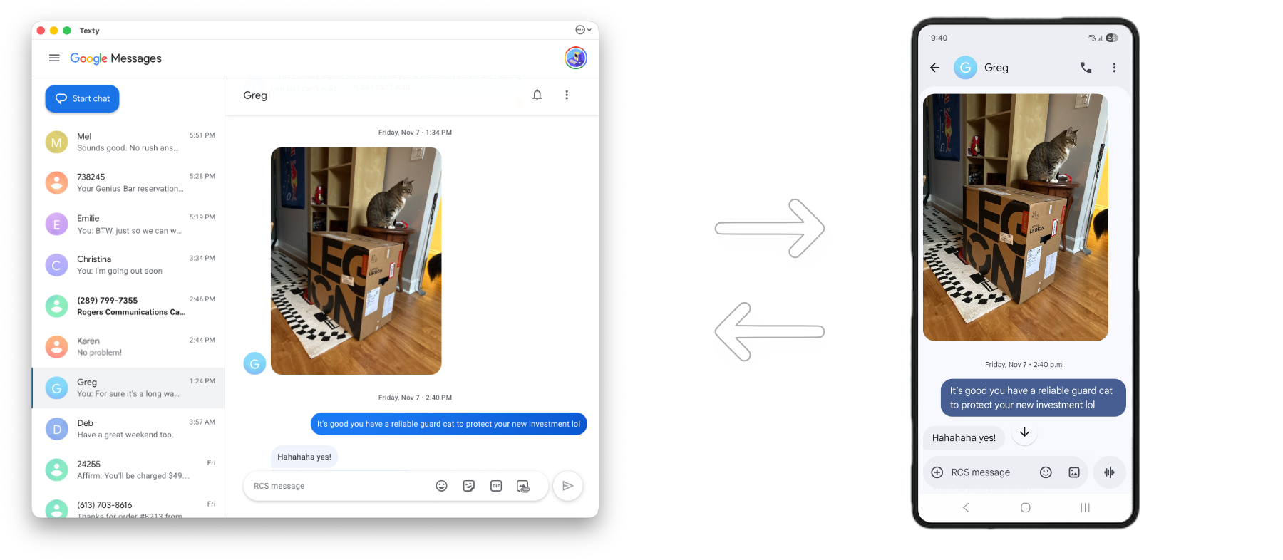 Screenshot of Texty app interfacing with Google Message. On the left side, it's the converstaion inside Texty on hte Mac, and on the right is the same converstaion on an Android phone. In the middle there are two arrows with alternating pointing between the Mac and Android sides.