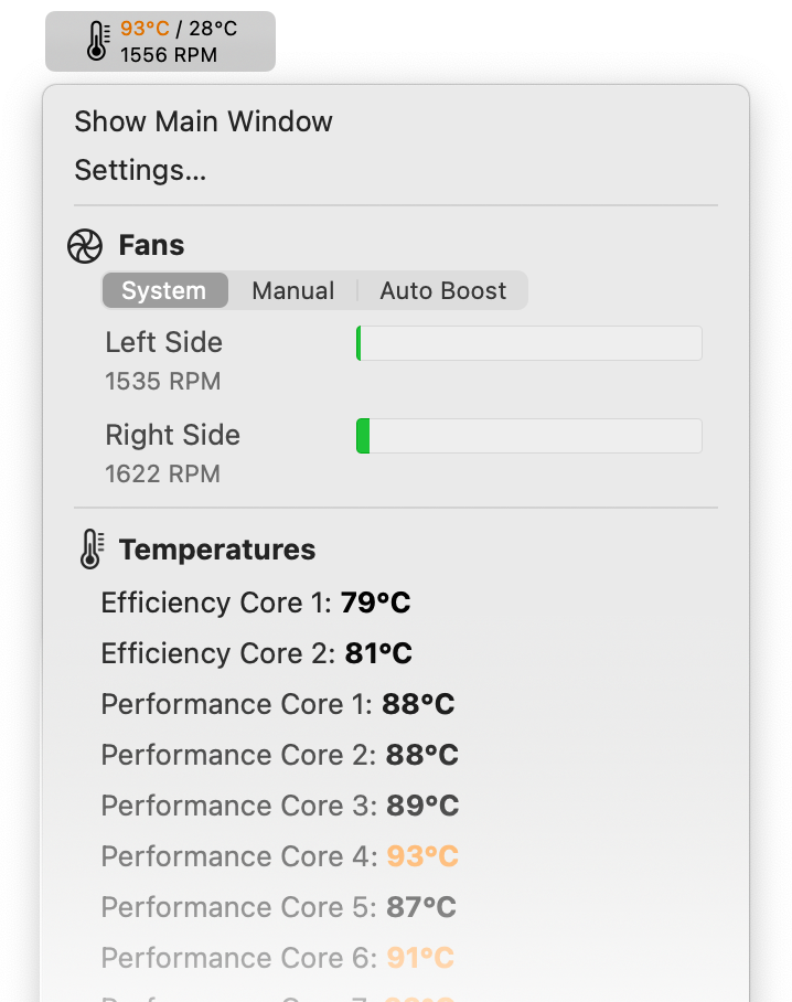Screenshot of TG Pro menu bar item displaying temperatures and fan speeds, with expanded dropdown menu showing detailed metrics.