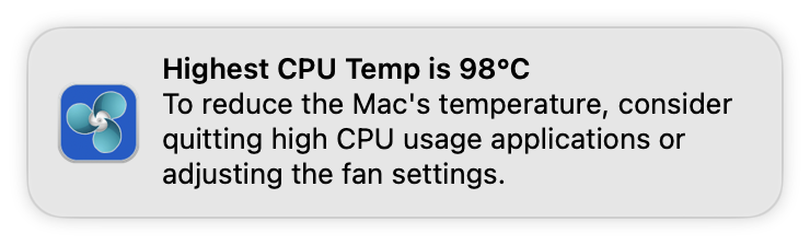 Screenshot of TG Pro notification indicating highest CPU temperature at 98°C with suggestions to quit high CPU usage applications or adjust fan settings.
