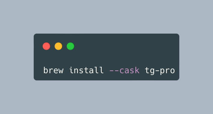 Terminal window displaying the command to install TG Pro using Homebrew.