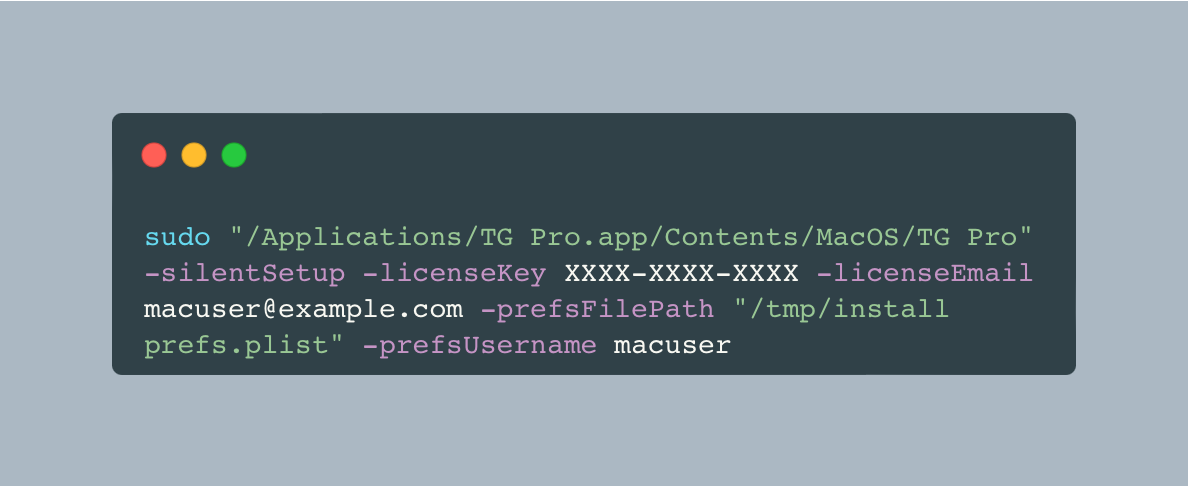 Terminal window displaying a command for silent remote installation of TG Pro with placeholders for license details.
