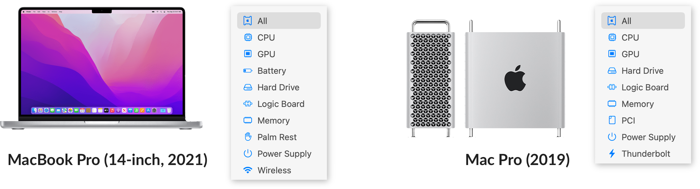 Screenshot displaying the different types of temperatures available between a MacBook Pro (14-inch, 2021) and a Mac Pro (2019).