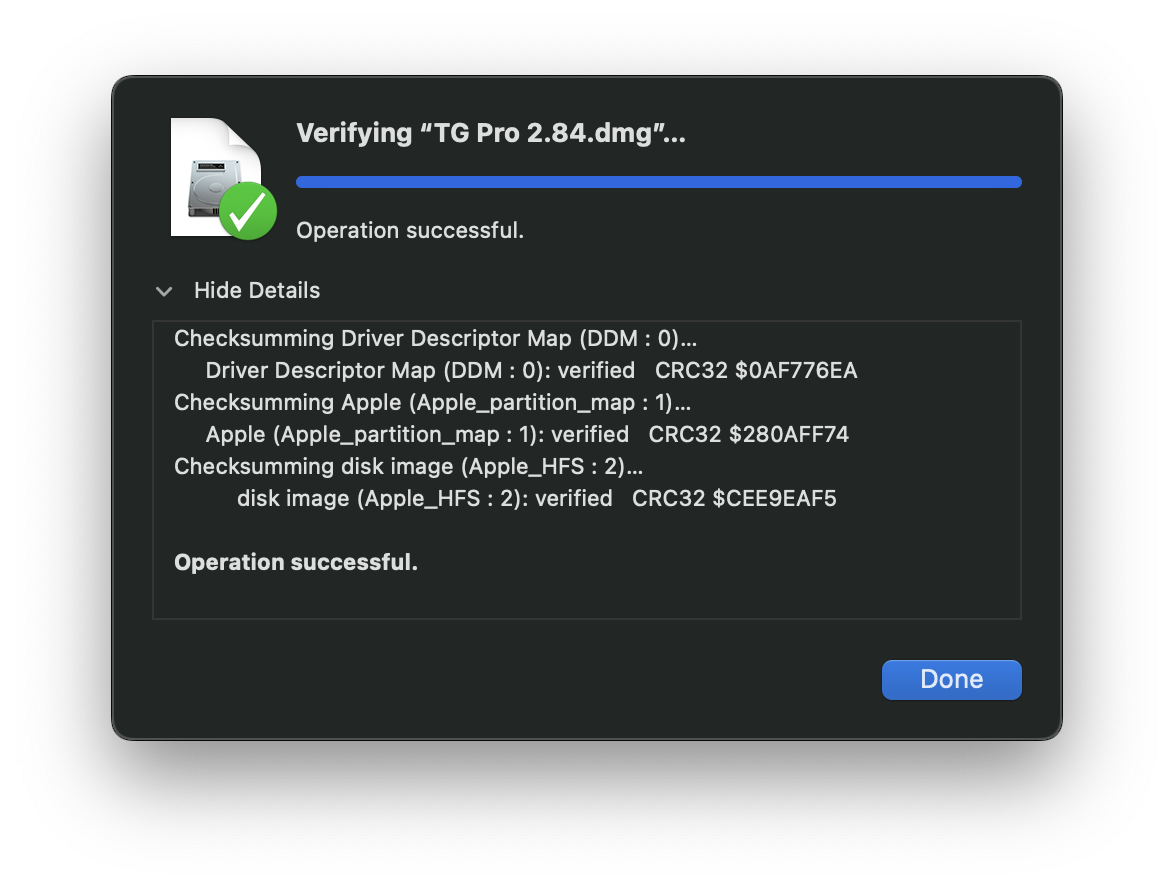 TG Pro disk image verified successfully