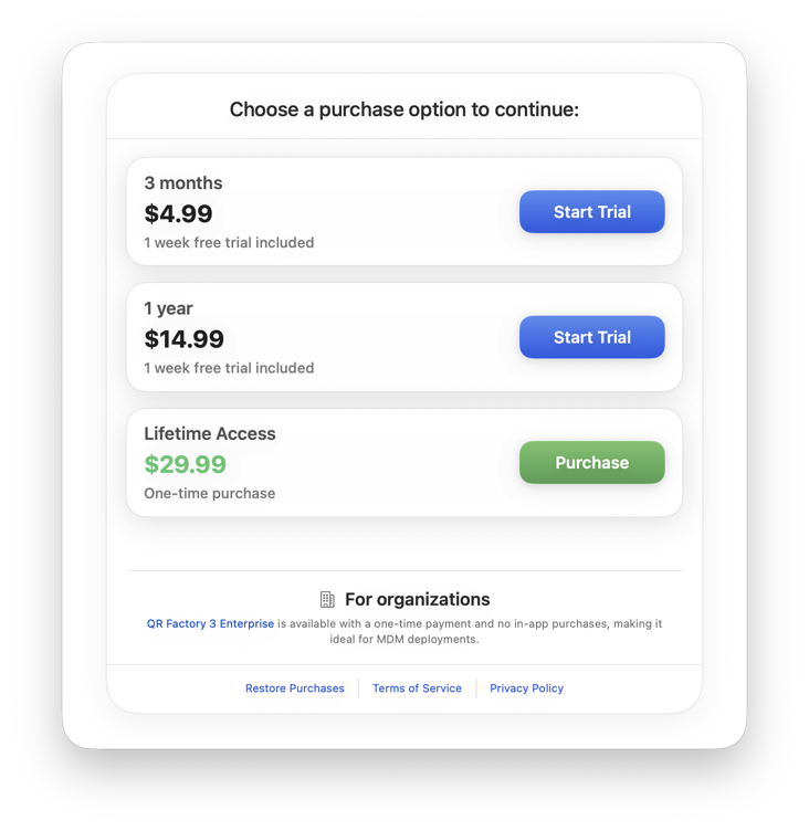 Window showing purchase options for QR Factory 3 on Mac.